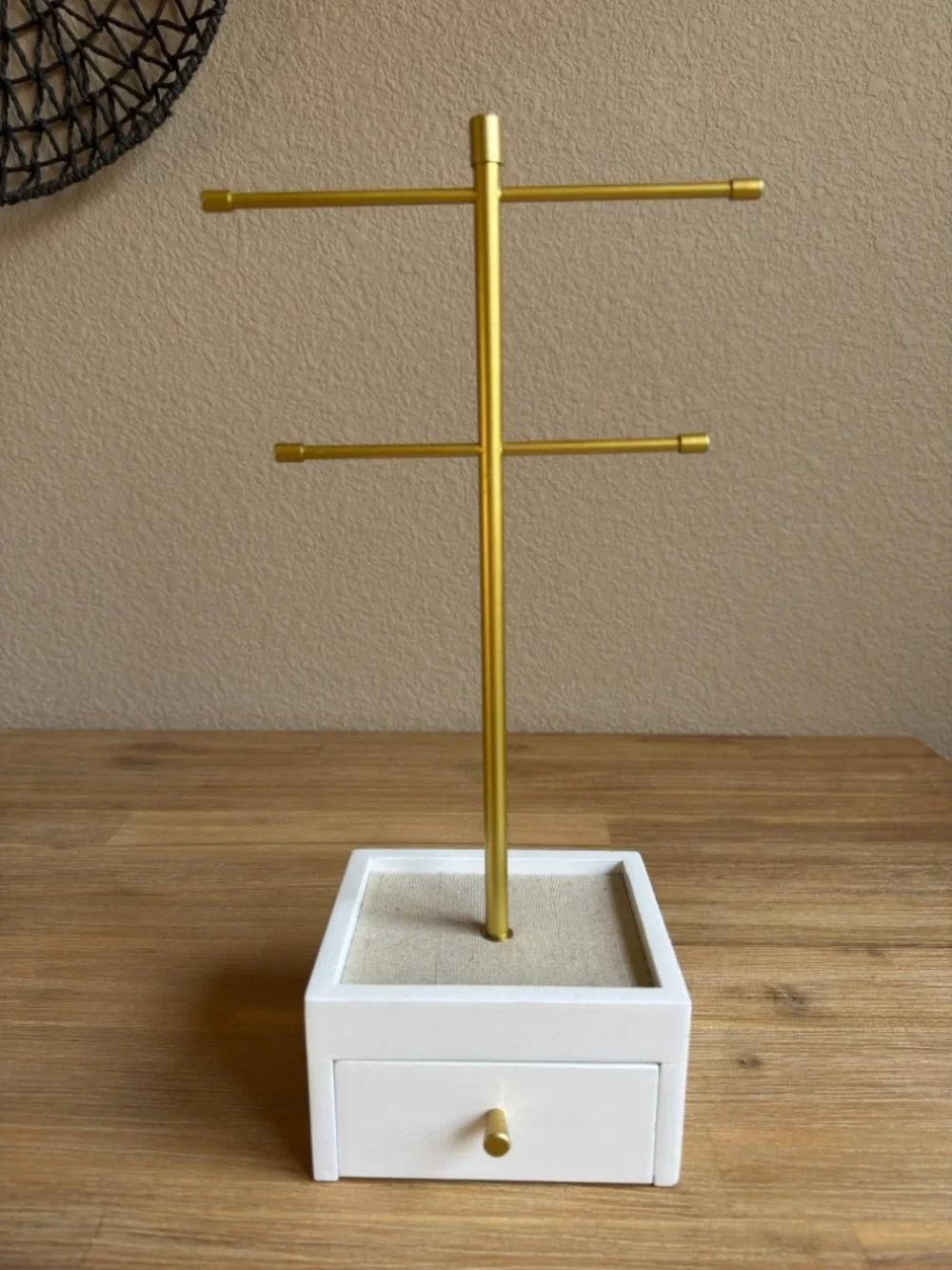 Hive & Honey Gold and White Jewelry T-Bar Stand with Drawer